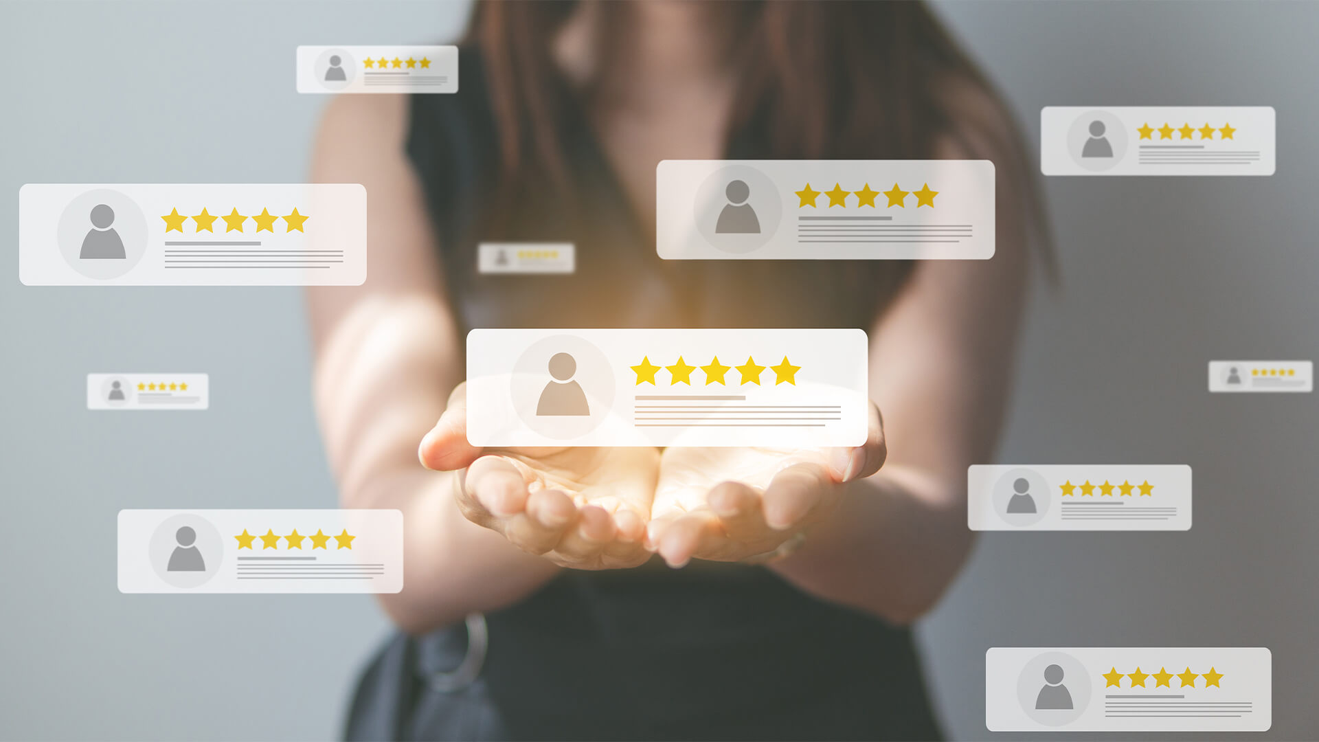 Concept visual showing users interacting with positive online reviews to demonstrate the power of social proof for local businesses